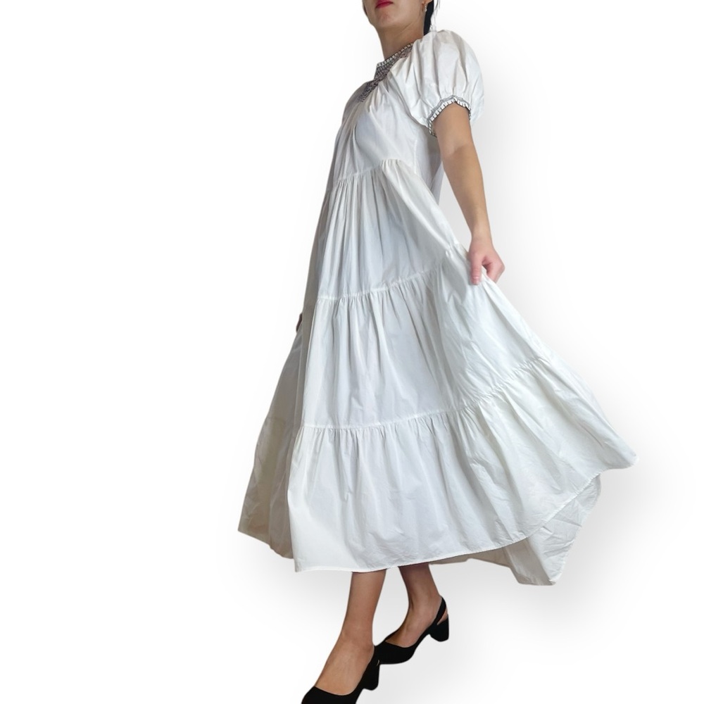 Doen Cream Smocked Yoke Cotton Dress with Black Embroidery - Picture 11 of 16